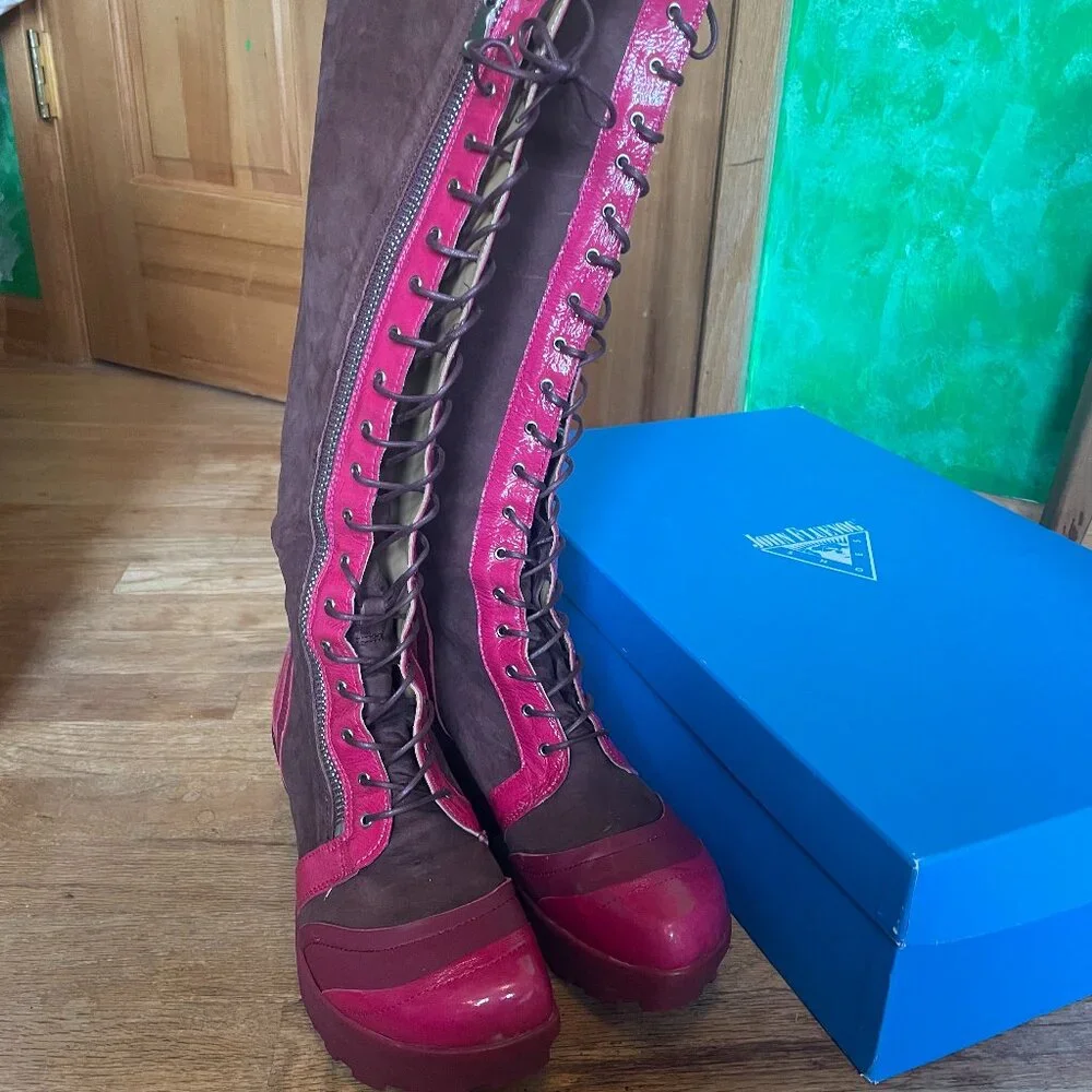 John Fluevog Jazzy Knee-High Pink Platform Lace-Up Boots Sz 10 - Picture 1 of 8